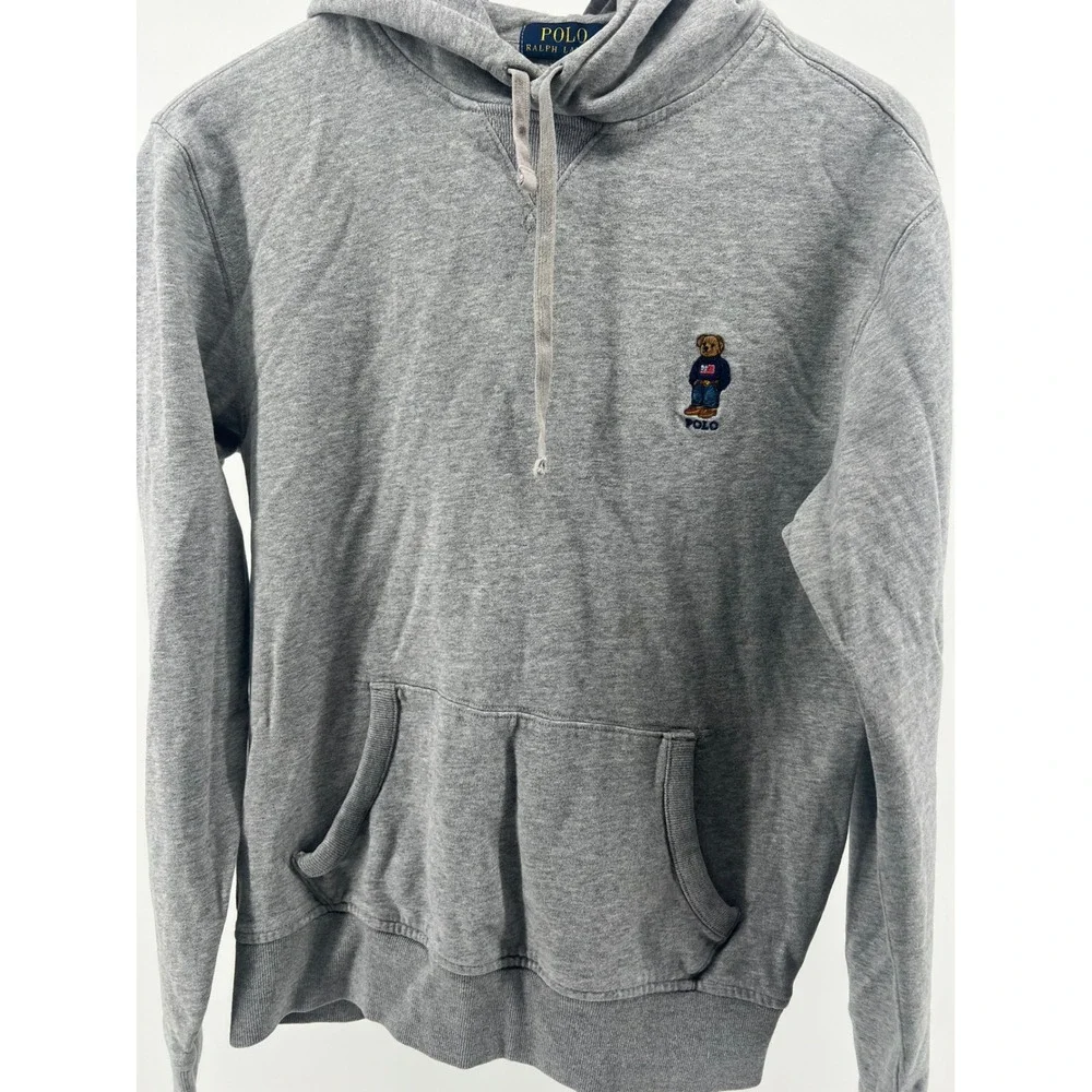 Polo Ralph Lauren Grey Hoodie Bear‎ Logo Pullover Sweatshirt Size S
